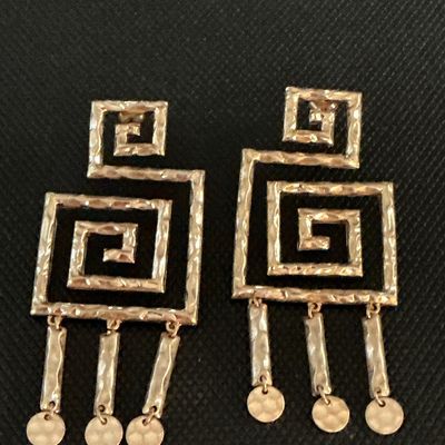 Gold-Tone Hammered Geometric Greek Key Dangle Pierced Earrings