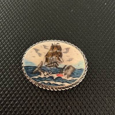 Vintage Scrimshaw Style Nautical Whaling Scene Brooch Pin