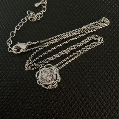 Silver-Tone Rose Pendant Necklace with Clear Rhinestones