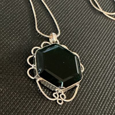 Sterling Silver Hexagonal Dark Green Gemstone Pendant Necklace