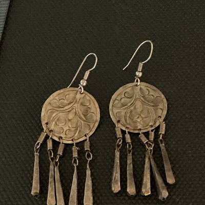 Vintage Hand-Engraved Silver-Tone Dangle Earrings with Concho & Fringe Detail