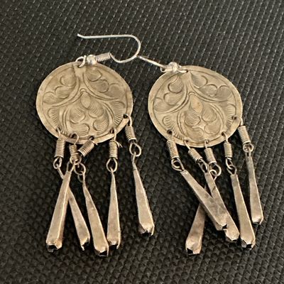 Vintage Hand-Engraved Silver-Tone Dangle Earrings with Concho & Fringe Detail