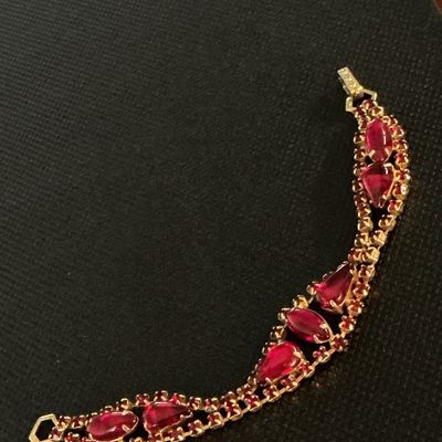 Vintage Red Rhinestone & Glass Cabochon Gold-Tone Bracelet
