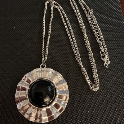 Vintage Silver Tone Pendant Necklace with Black Cabochon
