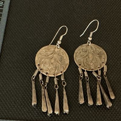 Vintage Hand-Engraved Silver-Tone Dangle Earrings with Concho & Fringe Detail