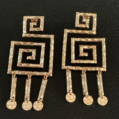 Gold-Tone Hammered Geometric Greek Key Dangle Pierced Earrings