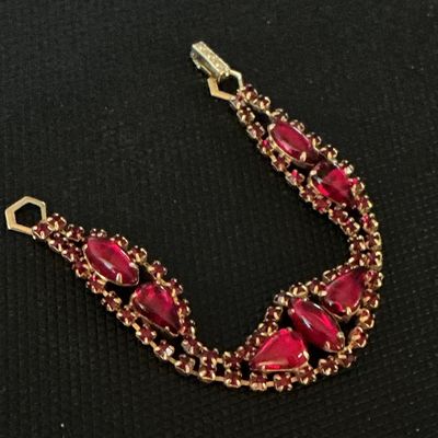 Vintage Red Rhinestone & Glass Cabochon Gold-Tone Bracelet