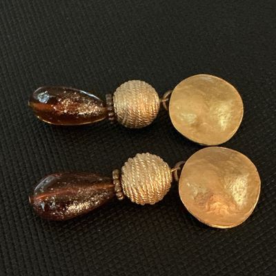 Vintage Gold-Tone Clip-On Dangle Earrings with Amber Glass Drops