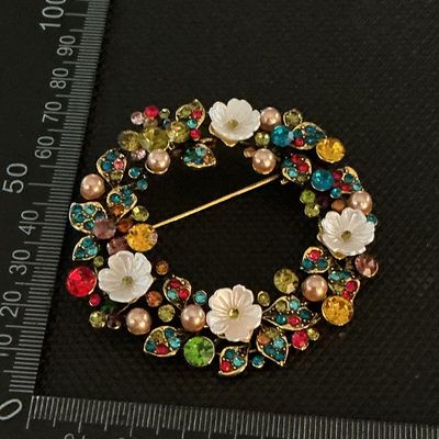 Multicolor Rhinestone & Faux Pearl Floral Wreath Brooch