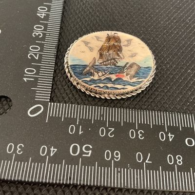 Vintage Scrimshaw Style Nautical Whaling Scene Brooch Pin