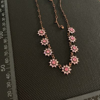 Vintage Copper Tone Pink Rhinestone Floral Cluster Statement Necklace