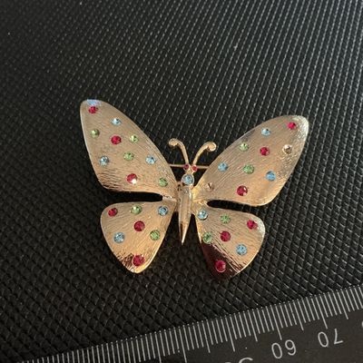 Vintage Gold Tone Butterfly Brooch with Multicolor Rhinestones