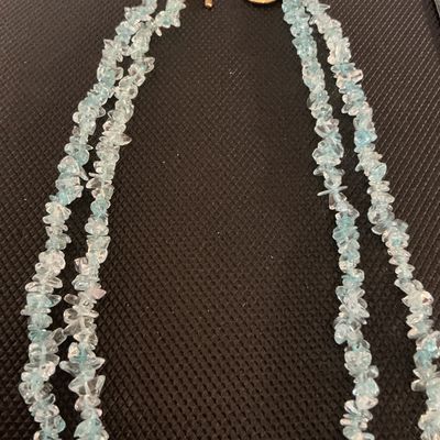 Double Strand Light Blue Gemstone Chip Necklace with Gold-Tone Toggle Clasp