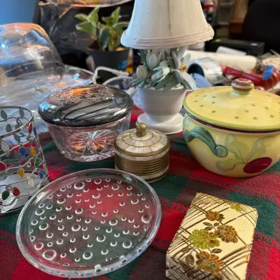 Assorted Home Décor, Floral Table Lamp and Glassware
