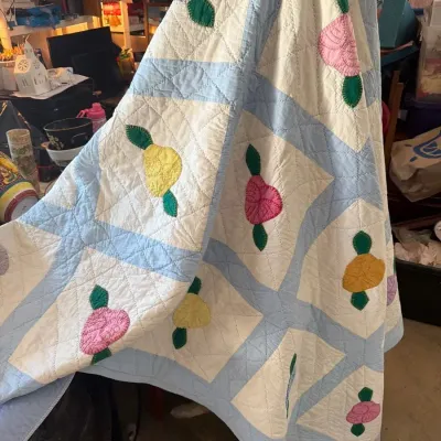 Handmade Floral Appliqué Quilt in Pastel Colors approx 6x7.5