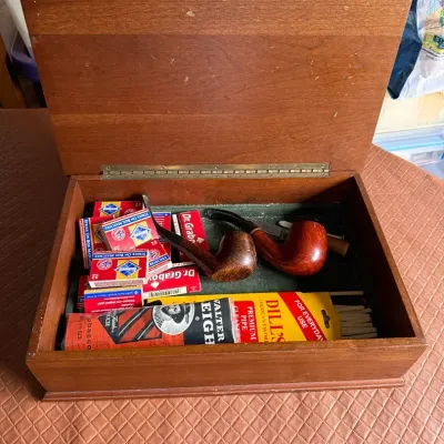 Vintage Tobacco Pipe Smoking Lot with Wooden Storage Box, 2 Pipes & Accessories
