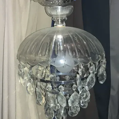 Vintage Frosted Glass & Crystal Prism Hanging Light Fixture