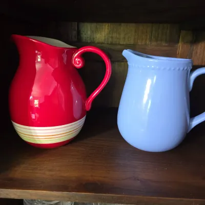 Lot of 2 Vintage Ceramic Pitchers – Red & Blue