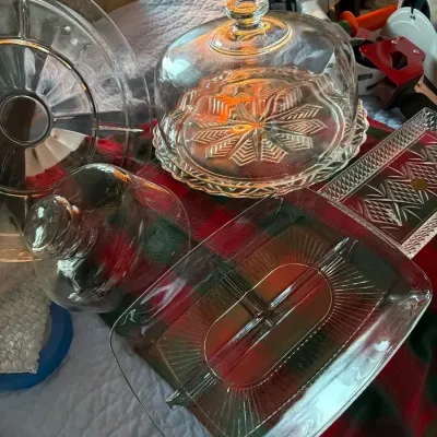 Vintage Glass Servingware with Covered Cake Plate & Relish Trays