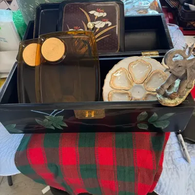Floral Decorative Wooden Box with Assorted Serving Dishes