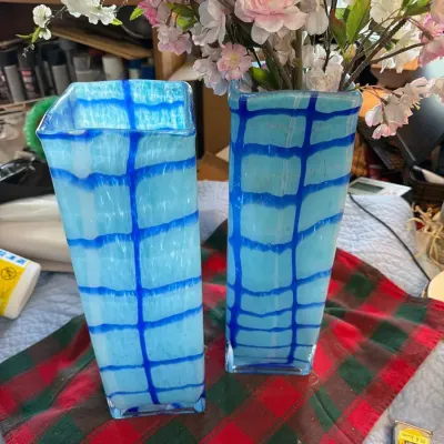 Pair of Tall Blue Art Glass Rectangular Vases