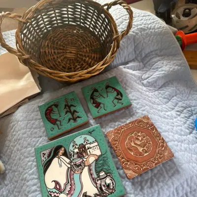 Southwestern Decorative Tiles & Handled Wicker Basket