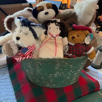 Vintage Plush Animals & Rag Doll in Decorative Metal Bin