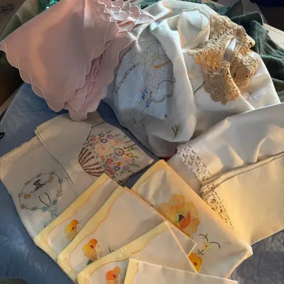 Vintage Hand-Embroidered Linens, Lace and Table Textile Collection