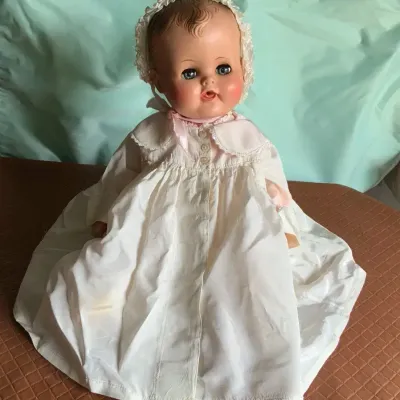 Vintage 16” Madame Alexander Baby Doll with Sleep Eyes & Pink/White Outfit