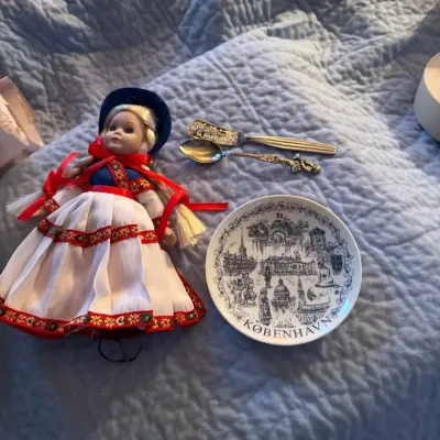 Danish Folk Costume Doll with Copenhagen Plate and Souvenir Flatware