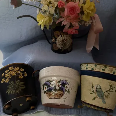 Decorative Planters and Artificial Floral Arrangement, 4 Pieces