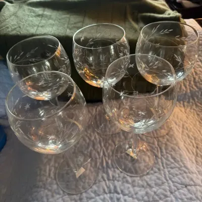 Set of 5 Clements Etched Floral Wine Glasses