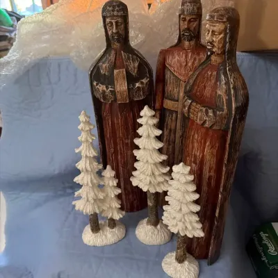 Three Kings Nativity Figures with Snowy Christmas Trees