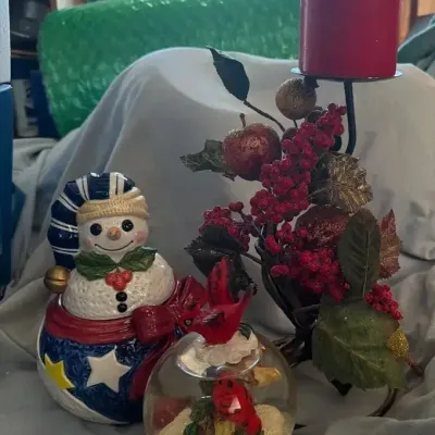 Holiday Decor Lot with Snowman, Cardinal Globe, and Candle Holder