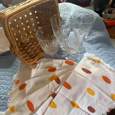 Woven Picnic Basket with Four Glass Goblets & Retro Cloth Napkins