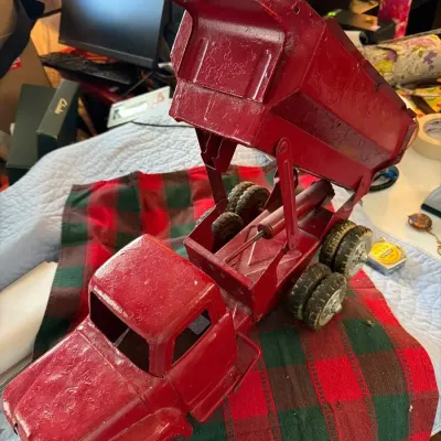 Vintage Red Pressed-Steel Six-Wheel Dump Truck