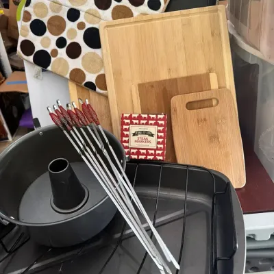 BBQ Grilling & Kitchen Lot – Skewers, Bamboo Cutting Boards, Roasting Pans & More