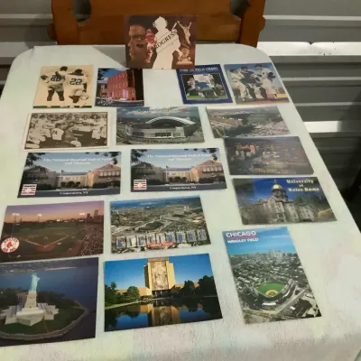 Vintage Baseball Stadium & Sports Memorabilia Postcard Collection with 1990s Celebrity Event Invitat