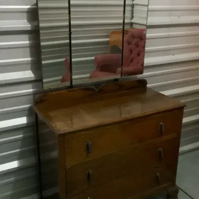 Vintage Oak Dresser with Tri-Fold Mirror & Decorative Carved Details