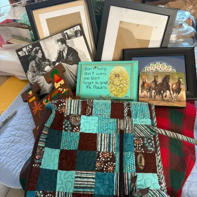 Patchwork Shoulder Bag and Assorted Framed Art