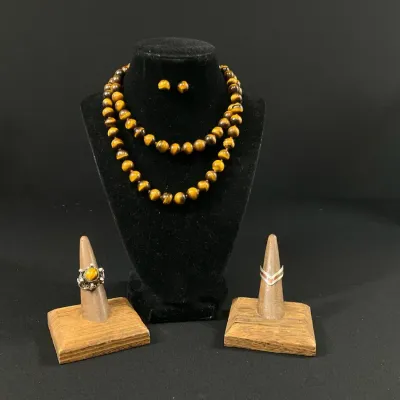 Single Strand Tiger’s Eye Necklace, Ring And Earrings