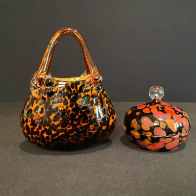 Murano Style Italian Art Glass Purse And Lidded Bowl