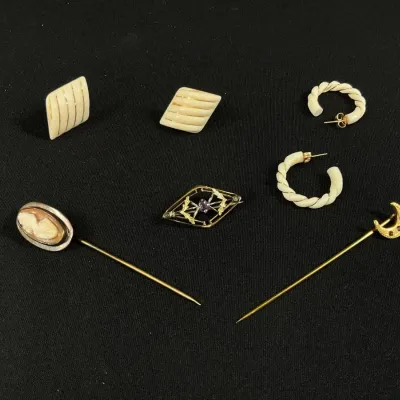10K Stick Pins, Brooch And Carved Bone Earrings*