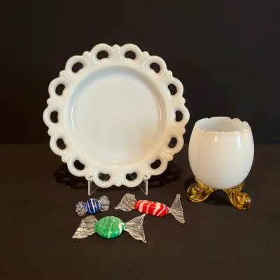 Murano Glass And Anchor Hocking Lace Edge Milk Glass