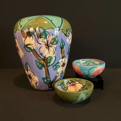 Vintage Hand-Painted Vase And Small Bowls 