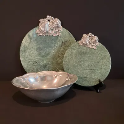 Pewter And Marble Cutting Board And Bowl 