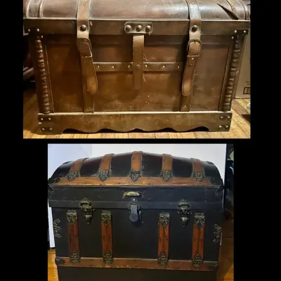 Antique/Vintage Camelback Steamer And Brown Leather/Wood Trunk  Pair
