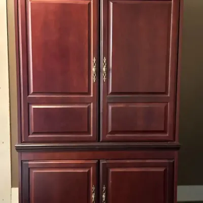 Large Cherry Finish Wood Wardrobe Converted To Entertainment Cabinet 