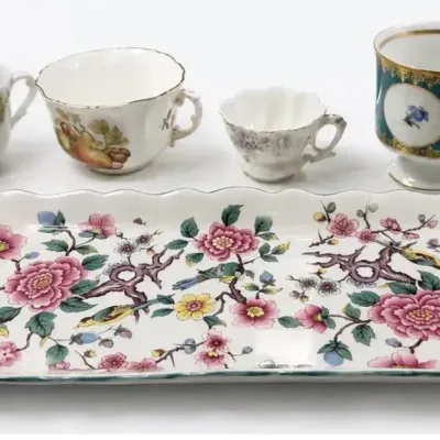 Vintage Tea Party Mixed Flowers 4 Cups  Tray Shabby Chic Set Porcelain China 