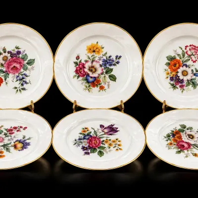 Josef Kuba Garden Flowers Shabby Chic Cottagecore Plates Set of 6 Gold Trim 